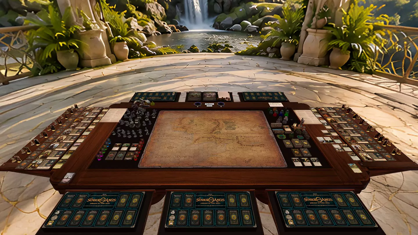 A mesa montada no Tabletop Simulator: tabuleiro, miniaturas e cartas de todas as expansões